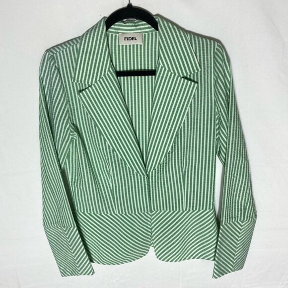 Vintage Fidel Green Striped Seersucker Cotton Blazer Jacket 4 - Picture 1 of 16